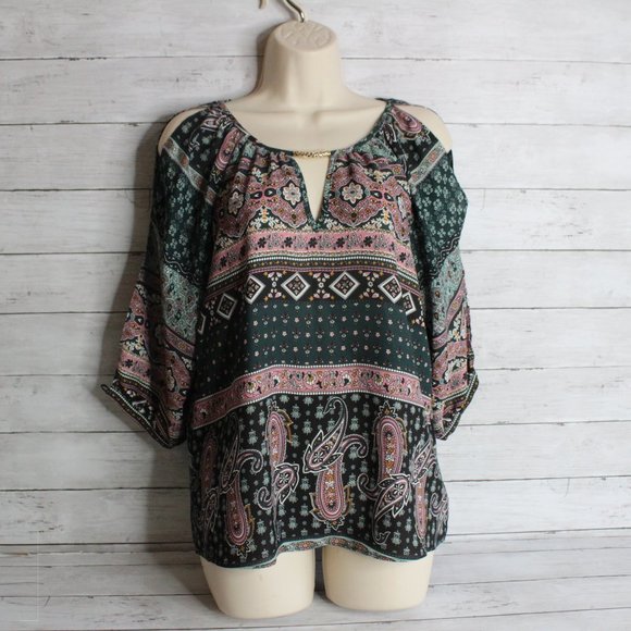 BCX Women's Boho Top Size M Green Pink Floral 3/4 Sleeves - Picture 5 of 7